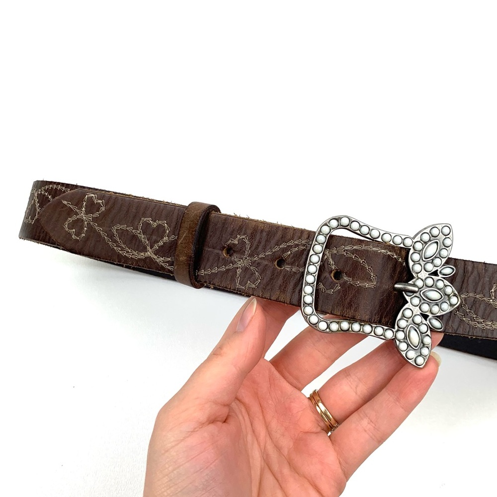 Linea Pelle Sz S Brown Leather Belt Statement Buckle Stitched Embroidered Boho